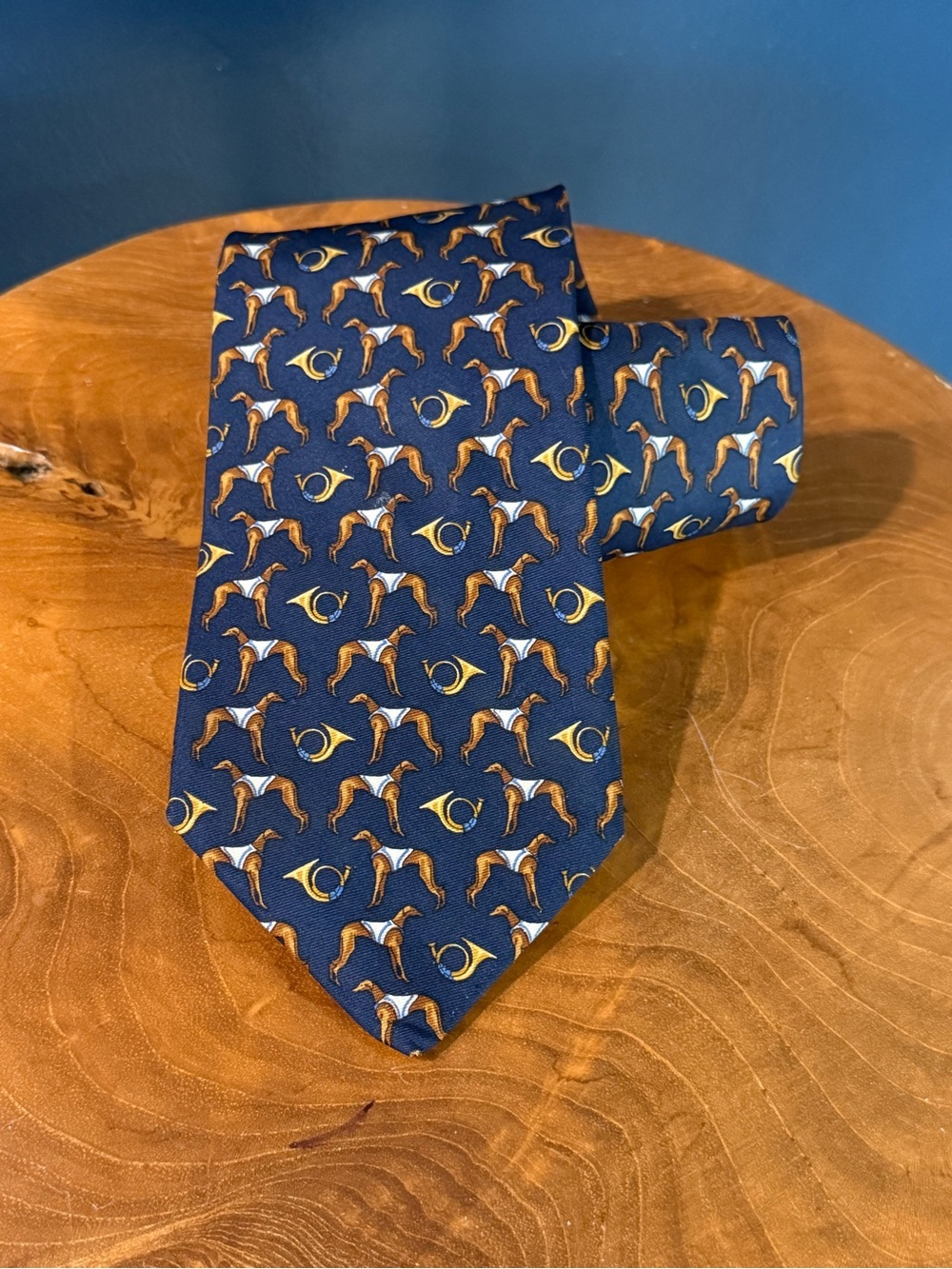 Brooks Brothers Navy Silk Tie with Brown Greyhound Dogs Bugles French Horn